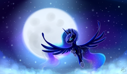 Size: 1842x1084 | Tagged: safe, artist:ghst-qn, character:princess luna, species:alicorn, species:pony, backlighting, female, flying, jewelry, looking at you, looking back, mare, moon, night, night sky, regalia, signature, sky, smiling, solo, spread wings, stars, wings