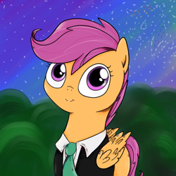 Size: 800x800 | Tagged: safe, artist:chiweee, character:scootaloo, species:pegasus, species:pony, clothing, female, solo, suit, suitaloo