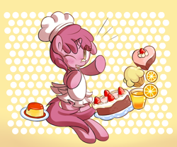Size: 930x775 | Tagged: safe, artist:haute-claire, character:ruby pinch, species:pony, species:unicorn, apron, cake, clothing, female, filly, hat, looking at you