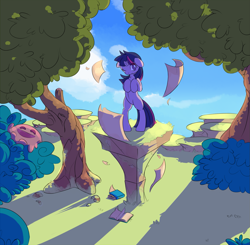 Size: 1567x1536 | Tagged: safe, artist:haute-claire, character:twilight sparkle, species:pony, species:unicorn, bipedal, book, female, forest, horn, paper, slime, solo, tree, wind