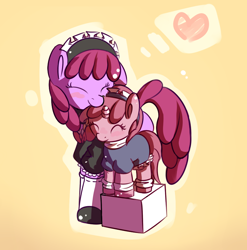 Size: 768x778 | Tagged: safe, artist:haute-claire, character:berry punch, character:berryshine, character:ruby pinch, species:earth pony, species:pony, species:unicorn, berrybetes, clothing, cute, female, maid, mother and child, mother and daughter, pinchybetes, thud