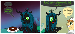 Size: 850x390 | Tagged: safe, artist:fadri, character:donut joe, character:queen chrysalis, species:changeling, comic:and that's how equestria was made, changeling queen, comic, donut, female, food