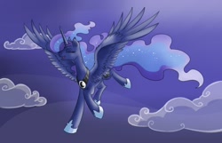 Size: 1400x900 | Tagged: safe, artist:28gooddays, character:princess luna, eyes closed, female, fluffy, flying, happy, night, open mouth, smiling, solo