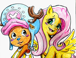 Size: 1000x755 | Tagged: safe, artist:irie-mangastudios, character:fluttershy, choppershy, colored pencil drawing, crossover, crossover shipping, female, male, one piece, straight, tony tony chopper, traditional art