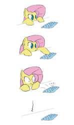 Size: 2362x4000 | Tagged: safe, artist:ninjapony, character:fluttershy, species:pony, behaving like a cat, bubble wrap, comic, scared, simple background, white background