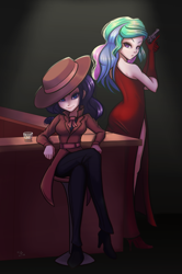 Size: 665x1000 | Tagged: safe, artist:the-park, character:princess celestia, character:rarity, species:human, g4, clothing, detective rarity, dress, duo, female, gun, hat, high heels, red dress, revolver, shoes, side slit, simple background, whiskey