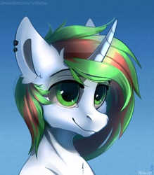 Size: 3500x4000 | Tagged: safe, artist:mithriss, oc, oc only, species:pony, species:unicorn, g4, bust, ear fluff, earring, gradient background, simple background, solo