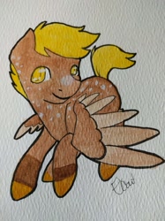 Size: 1280x1707 | Tagged: safe, artist:pocketdoesart, oc, oc:amber glow, species:pegasus, species:pony, series:who we become, g4, mottled coat, solo, traditional art, watercolor painting