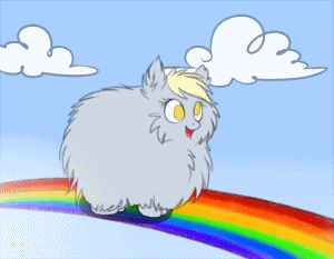 Size: 300x233 | Tagged: safe, artist:ghst-qn, character:derpy hooves, oc, oc:fluffle puff, species:pegasus, species:pony, animated, cute, female, fusion, mare, open mouth, pink fluffy unicorns dancing on rainbows, rainbow, smiling, solo