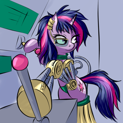 Size: 700x700 | Tagged: safe, artist:snus-kun, character:twilight sparkle, species:pony, species:unicorn, g4, alternate hairstyle, amputee, cyborg, female, lever, mare, prosthetic limb, prosthetics, solo
