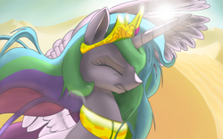 Size: 1920x1200 | Tagged: safe, artist:nadnerbd, character:princess celestia, species:alicorn, species:pony, backlighting, bright, dark, desert, eyes closed, female, mare, solo