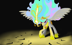 Size: 1024x640 | Tagged: safe, artist:nadnerbd, character:princess celestia, species:alicorn, species:pony, fanfic:the immortal game, dark, female, fight, glow, magic, mare, saber, solo, sword, the immortal game, warrior celestia, weapon