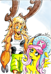 Size: 741x1079 | Tagged: safe, artist:irie-mangastudios, character:fluttershy, species:anthro, species:reindeer, choppershy, clothing, colored pencil drawing, crossover, hat, one piece, tony tony chopper, traditional art