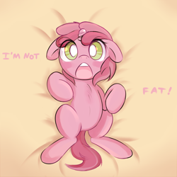 Size: 760x760 | Tagged: safe, artist:haute-claire, character:ruby pinch, ask ruby pinch, bed, bellyrubs, blushing, on back, solo