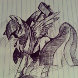 Size: 1280x1280 | Tagged: safe, artist:spanish-scoot, character:twilight sparkle, character:twilight sparkle (alicorn), species:alicorn, species:pony, female, grayscale, hammer, lined paper, mare, monochrome, solo, traditional art, weapon