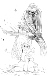 Size: 1000x1500 | Tagged: safe, artist:sunibee, character:fluttershy, species:human, species:pegasus, species:pony, black and white, butterfly, crossover, female, friday the 13th, grayscale, imminent death, imminent decapitation, impending doom, jason voorhees, looking at you, machete, mare, monochrome, sitting, this will end in death