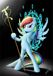 Size: 685x978 | Tagged: safe, artist:zigword, character:rainbow dash, species:pegasus, species:pony, abstract background, bipedal, female, magic circle, mare, pegasus magic, signature, simple background, solo, spear, sword, weapon