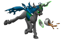 Size: 1920x1200 | Tagged: safe, artist:nadnerbd, character:queen chrysalis, species:changeling, changeling queen, female, magic, quadrupedal, saucer, simple background, solo, spill, teacup, transparent background
