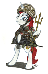 Size: 1213x1889 | Tagged: safe, artist:buckweiser, oc, oc only, oc:britannia, species:pony, bipedal, britain, british, clothing, gun, holy hand grenade, mascot, military, rifle, sa80, solo, traditional art, trident, weapon