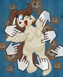 Size: 596x732 | Tagged: safe, artist:wizardski, oc, oc only, oc:cookie dough, oc:cookie dough (trottingham), belly, belly button, chubby, click, cookie clicker, fat, floppy ears, on back, open mouth, poking, pun, smiling, solo, spread wings, tickling, wings, wink