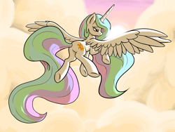 Size: 1600x1200 | Tagged: safe, artist:nadnerbd, character:princess celestia, species:alicorn, species:pony, backlighting, cloud, cloudy, female, flying, lidded eyes, mare, sad, sky, solo, sun, wings