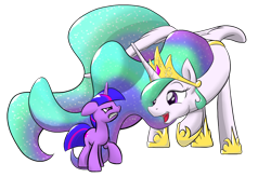 Size: 2048x1347 | Tagged: safe, artist:nadnerbd, character:princess celestia, character:twilight sparkle, species:alicorn, species:pony, species:unicorn, angry, female, long neck, mare, simple background, transparent background, unamused