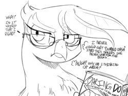 Size: 800x600 | Tagged: dead source, safe, artist:sunibee, character:daring do, character:gilda, character:rainbow dash, species:griffon, black and white, book, bust, dialogue, glasses, grayscale, lineart, monochrome, portrait, reading, thought bubble