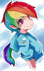 Size: 697x1127 | Tagged: safe, artist:hua, character:rainbow dash, species:human, elf ears, female, humanized, ponytail, solo