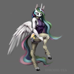 Size: 1280x1280 | Tagged: safe, artist:hiroshi-tea, character:princess celestia, species:anthro, species:unguligrade anthro, breasts, female, hoofbeat, hoofbeat 2, hooves, sideboob, solo, standing