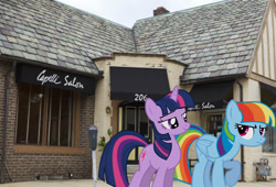Size: 1023x696 | Tagged: safe, artist:austiniousi, artist:paris7500, character:rainbow dash, character:twilight sparkle, alternate hairstyle, building, irl, manebow sparkle, photo, ponies in real life, salon, vector