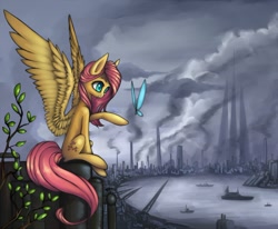 Size: 1200x987 | Tagged: safe, artist:asimos, character:fluttershy, butterfly, city, female, solo