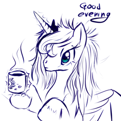 Size: 1024x1024 | Tagged: safe, artist:snus-kun, character:princess luna, bed mane, coffee, female, morning ponies, solo