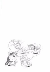Size: 2117x2999 | Tagged: safe, artist:shinobe, character:applejack, character:fluttershy, character:rainbow dash, character:twilight sparkle, bad cropping, crossover, doraemon, doujin, explicit source, monochrome, so much white space
