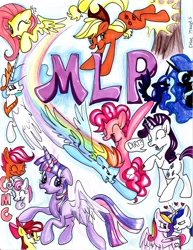 Size: 1700x2202 | Tagged: safe, artist:frostykat13, character:apple bloom, character:applejack, character:fluttershy, character:nightmare moon, character:pinkie pie, character:princess cadance, character:princess celestia, character:princess luna, character:rainbow dash, character:rarity, character:scootaloo, character:shining armor, character:sweetie belle, character:twilight sparkle, character:twilight sparkle (alicorn), species:alicorn, species:pegasus, species:pony, applebucking, cutie mark crusaders, dirt, eyes closed, flying, heart, mane six, text, traditional art, tree