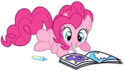 Size: 8192x4678 | Tagged: safe, artist:thatguy1945, character:pinkie pie, episode:princess twilight sparkle, g4, my little pony: friendship is magic, season 4, .svg available, absurd resolution, coloring, coloring book, crayon, cute, diapinkes, female, mouth hold, prone, simple background, smiling, solo, transparent background, vector