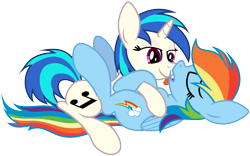 Size: 10000x6243 | Tagged: safe, artist:kysss90, character:dj pon-3, character:rainbow dash, character:vinyl scratch, species:pegasus, species:pony, species:unicorn, absurd resolution, cutie mark, eyes closed, female, hooves, horn, lesbian, licking, lying down, mare, open mouth, shipping, simple background, smiling, tongue out, transparent background, vector, vinyldash, wings