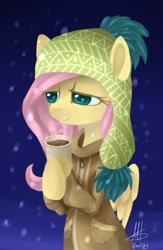 Size: 669x1024 | Tagged: safe, artist:ghst-qn, character:fluttershy, species:pegasus, species:pony, bipedal, clothing, cup, drink, female, hat, hot chocolate, jacket, lidded eyes, smiling, snow, snowfall, solo, winter