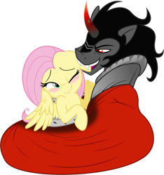 Size: 864x924 | Tagged: safe, artist:kysss90, artist:mickeymonster, character:fluttershy, character:king sombra, ship:sombrashy, bedroom eyes, blushing, crack shipping, cute, ear bite, fangs, female, grin, hug, male, shipping, simple background, smiling, spread wings, straight, transparent background, wings, wink