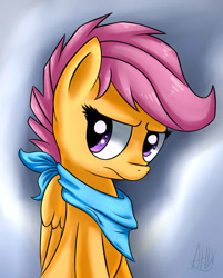 Size: 1699x2118 | Tagged: safe, artist:suplolnope, character:scootaloo, species:pegasus, species:pony, bust, female, folded wings, looking sideways, neckerchief, portrait, solo