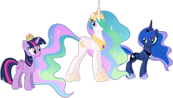Size: 8000x4549 | Tagged: safe, artist:stabzor, character:princess celestia, character:princess luna, character:twilight sparkle, character:twilight sparkle (alicorn), species:alicorn, species:pony, episode:princess twilight sparkle, g4, my little pony: friendship is magic, absurd resolution, female, mare, new crown, simple background, transparent background, vector