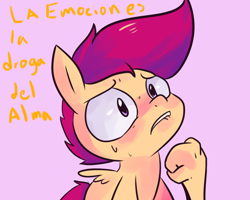 Size: 1280x1024 | Tagged: safe, artist:spanish-scoot, character:scootaloo, species:pegasus, species:pony, female, preguntascootaloo, solo, spanish, translated in the comments