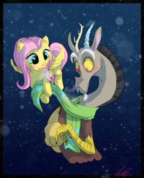 Size: 933x1149 | Tagged: safe, artist:c-puff, character:discord, character:fluttershy, species:draconequus, species:pegasus, species:pony, ship:discoshy, blushing, clothing, cold, cute, digital art, discute, female, flying, frown, male, mare, night, night sky, open mouth, scarf, shipping, shyabetes, signature, sky, snow, snowfall, snowflake, stars, straight, winter