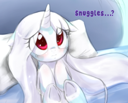 Size: 732x591 | Tagged: safe, artist:celerypony, oc, oc only, oc:celery, species:pony, species:unicorn, bed, cute, floppy ears, frown, looking at you, ocbetes, on back, pillow, precious, sad, snuggling, solo, underhoof, weapons-grade cute