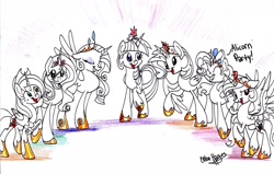 Size: 2208x1405 | Tagged: safe, artist:frostykat13, character:applejack, character:fluttershy, character:pinkie pie, character:rainbow dash, character:rarity, character:sunset shimmer, character:twilight sparkle, character:twilight sparkle (alicorn), species:alicorn, species:pony, alicorn party, alicornified, applecorn, black and white, everyone is an alicorn, fluttercorn, grayscale, mane seven alicorns, mane six, mane six alicorns, monochrome, neo noir, partial color, pinkiecorn, race swap, rainbowcorn, raricorn, shimmercorn, traditional art, xk-class end-of-the-world scenario