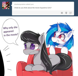 Size: 1000x980 | Tagged: safe, artist:hua, character:dj pon-3, character:octavia melody, character:vinyl scratch, my little pony:equestria girls, ask, ask trolltavia, blushing, couch, engrish, tumblr