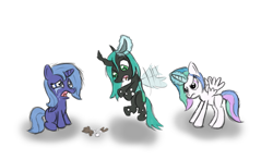 Size: 1229x721 | Tagged: safe, artist:ninjapony, character:princess celestia, character:princess luna, character:queen chrysalis, species:changeling, species:pony, broken, cewestia, changeling queen, crying, cute, cutealis, doll, female, filly, flying, frown, glare, magic, nymph, open mouth, spread wings, telekinesis, wings, woona