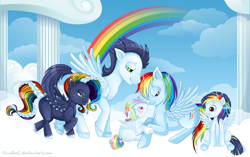 Size: 2866x1803 | Tagged: safe, artist:tinuleaf, character:rainbow dash, character:soarin', oc, oc:cloud puff, oc:sunrise brisk, oc:white whirl, parent:rainbow dash, parent:soarin', parents:soarindash, ship:soarindash, family, female, male, offspring, shipping, straight