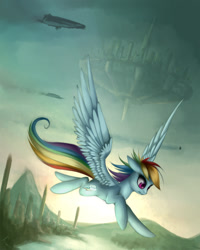 Size: 900x1125 | Tagged: safe, artist:asimos, character:rainbow dash, airship, city, dieselpunk, female, flying, solo