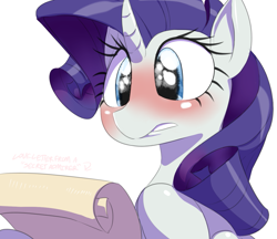 Size: 1183x1024 | Tagged: safe, artist:sunibee, character:rarity, blushing, female, letter, simple background, solo, white background