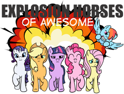 Size: 1187x900 | Tagged: safe, artist:rydelfox, character:applejack, character:fluttershy, character:pinkie pie, character:rainbow dash, character:rarity, character:twilight sparkle, species:earth pony, species:pegasus, species:pony, species:unicorn, g4, cool guys don't look at explosions, explosion, female, mane six, mare